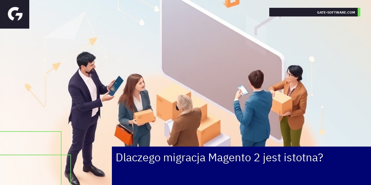 Schemat migracji Magento 2 z ikonami biznesu i technologii