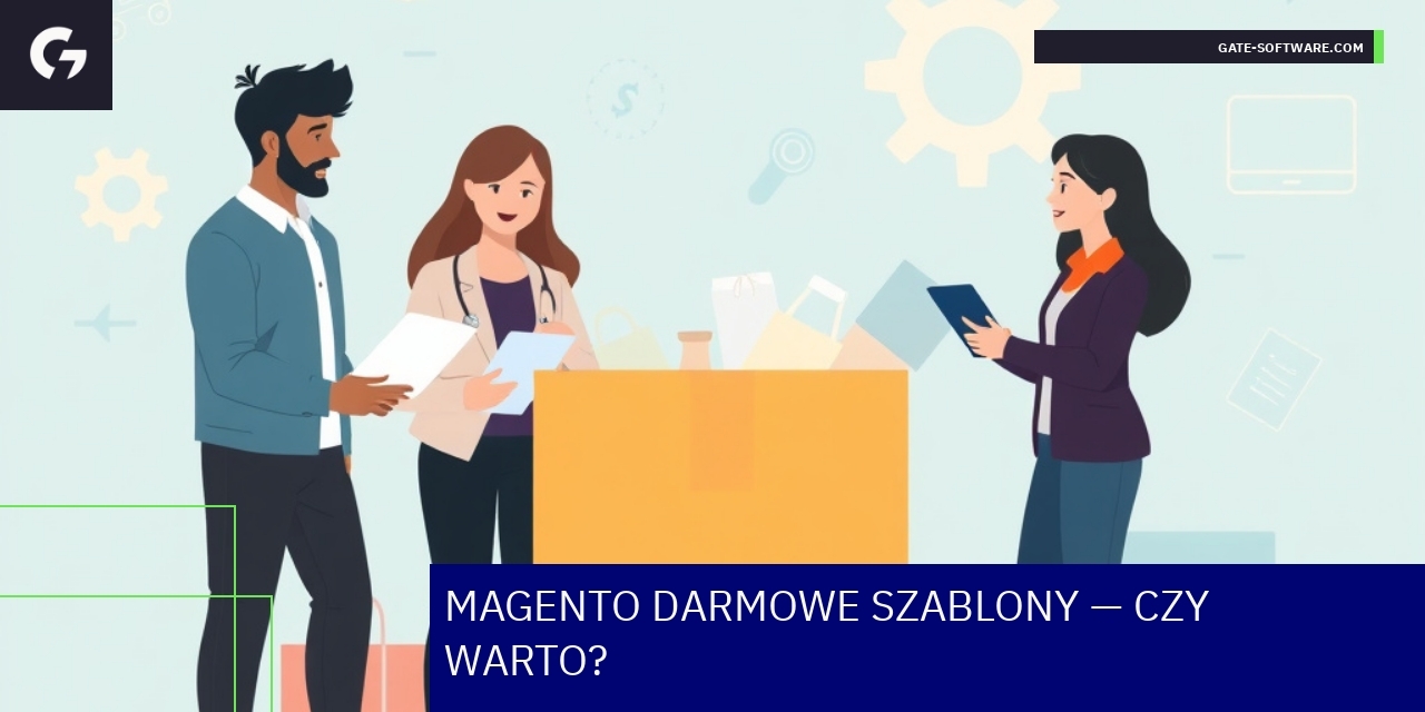 Analiza darmowych szablonów Magento i Hyva Ekran komputera z szablonami Magento i logiem Hyva