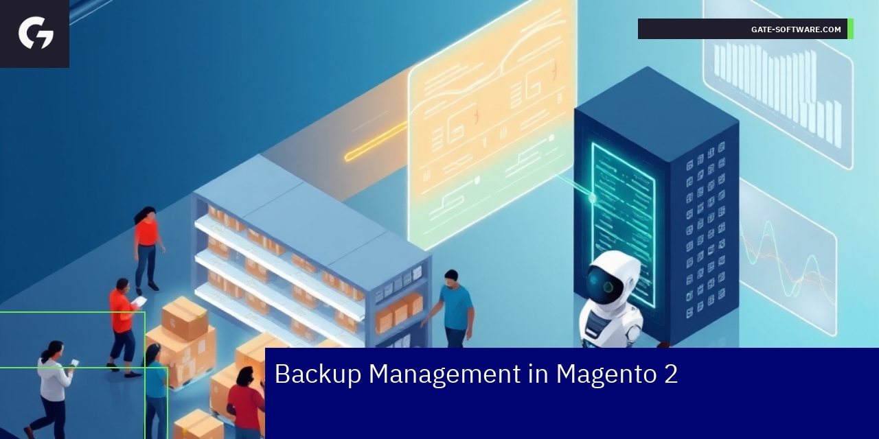 Graphs and icons representing Magento 2 backup and cache management
