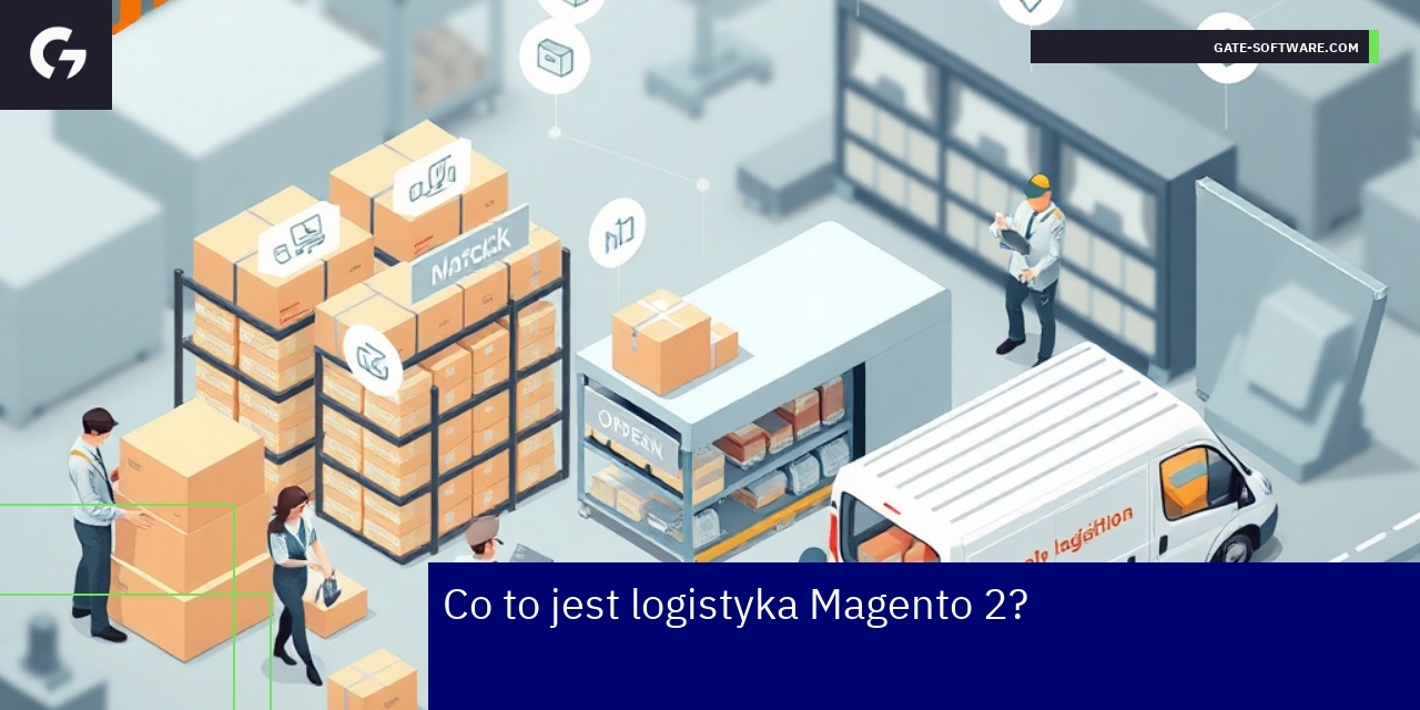Schemat logistyczny z elementami Magento 2 i e-commerce