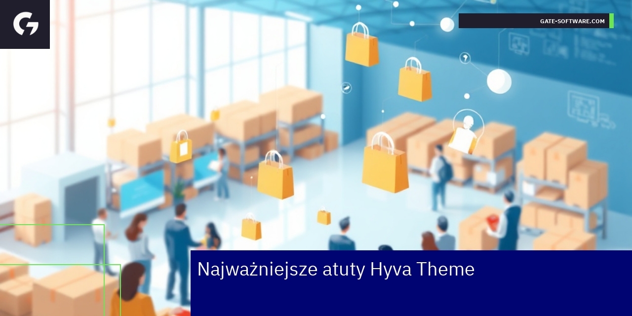 Kluczowe atuty Hyva Theme dla Magento Schemat przedstawiający zalety Hyva Theme w Magento