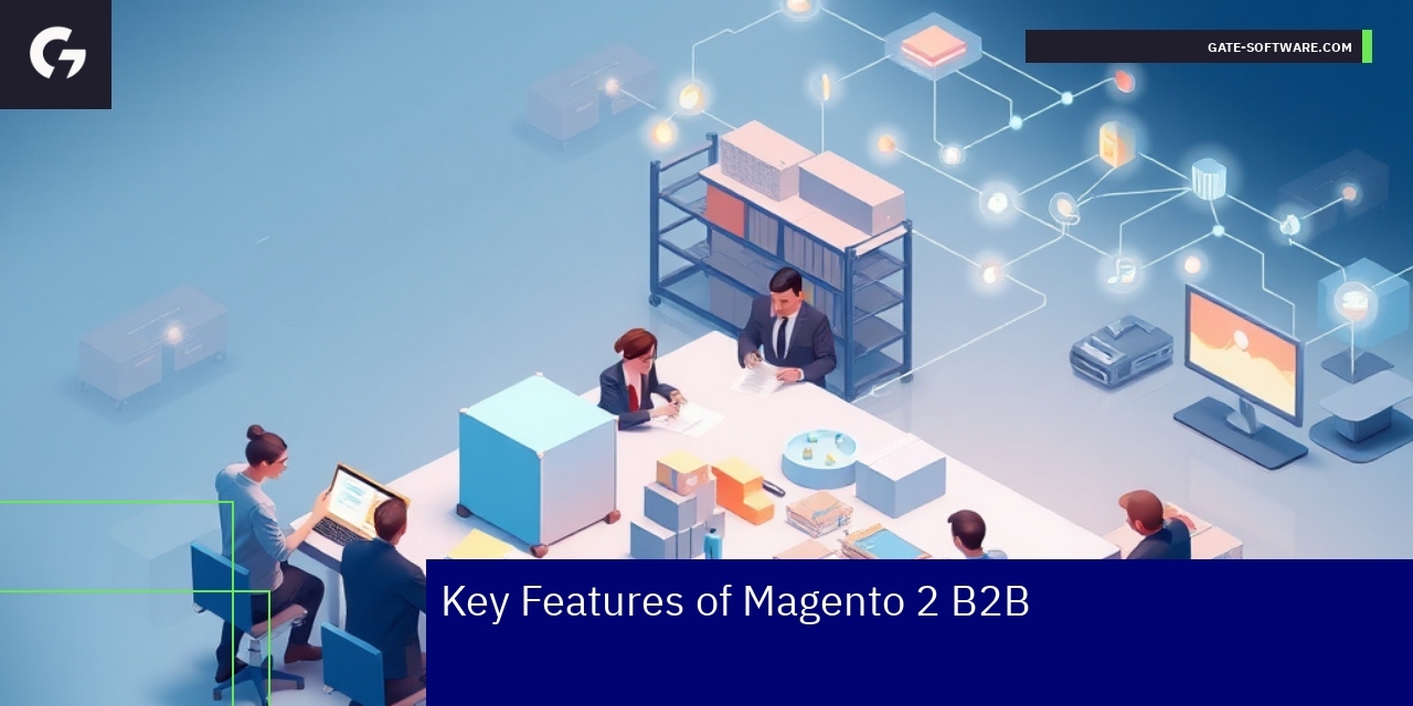 Magento 2 B2B platform features and workflow diagram