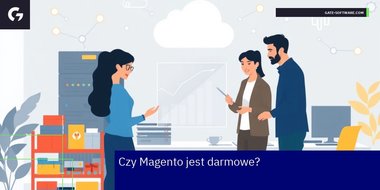 Osoba pracująca przy komputerze z logo Magento