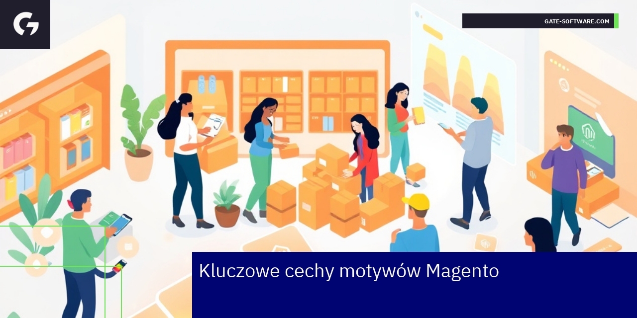 Kluczowe cechy motywów Magento dla sklepów internetowych Schemat pokazujący elastyczność, użyteczność i integrację płatności