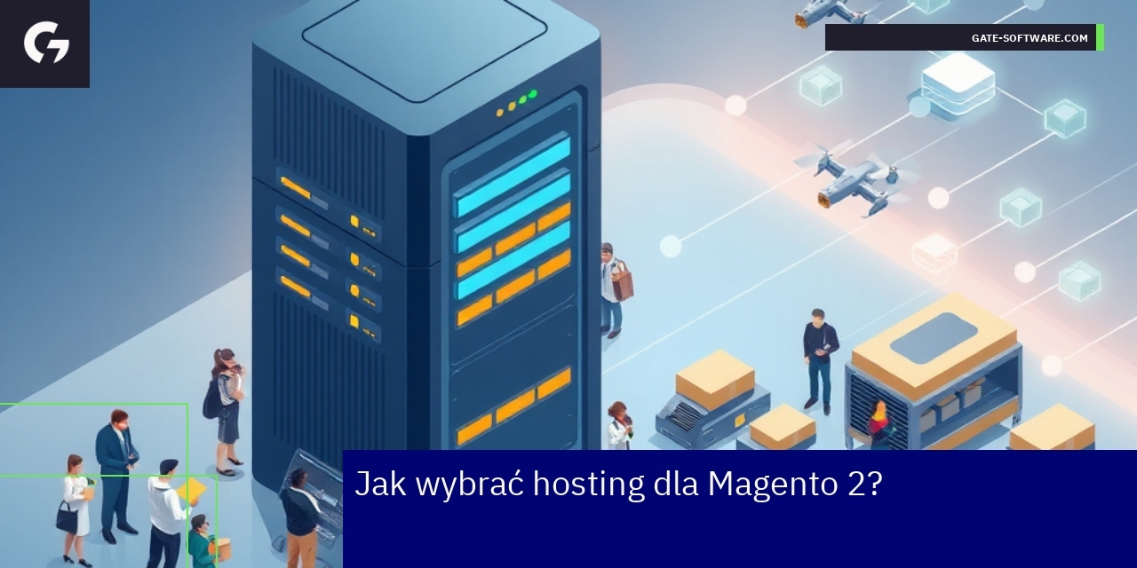 Serwer hostingowy z ikonami Magento i bezpieczeństwa