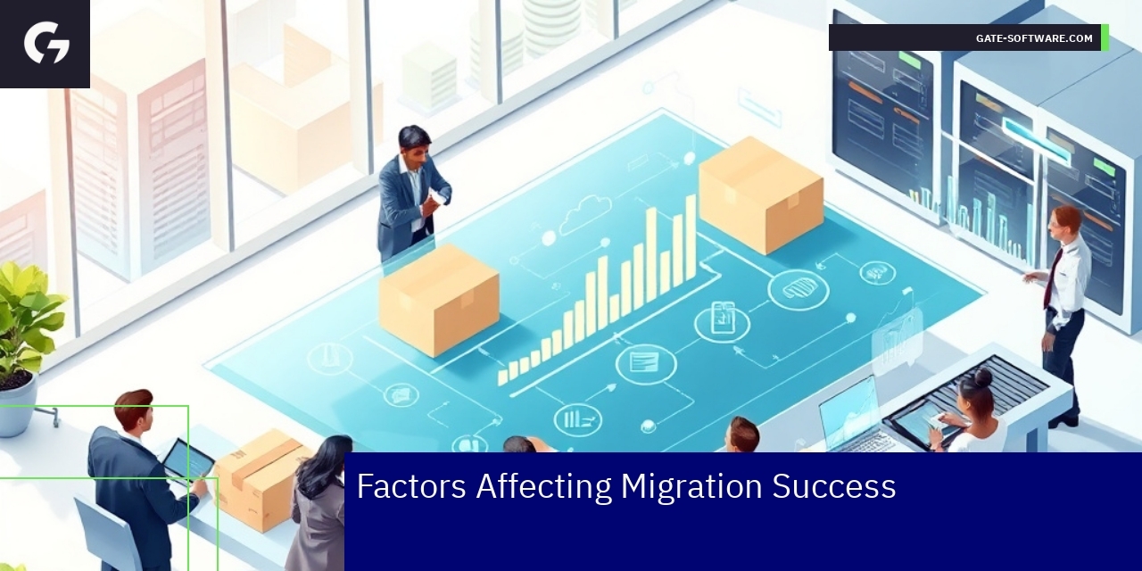 Illustration of B2B migration with efficiency and security icons
