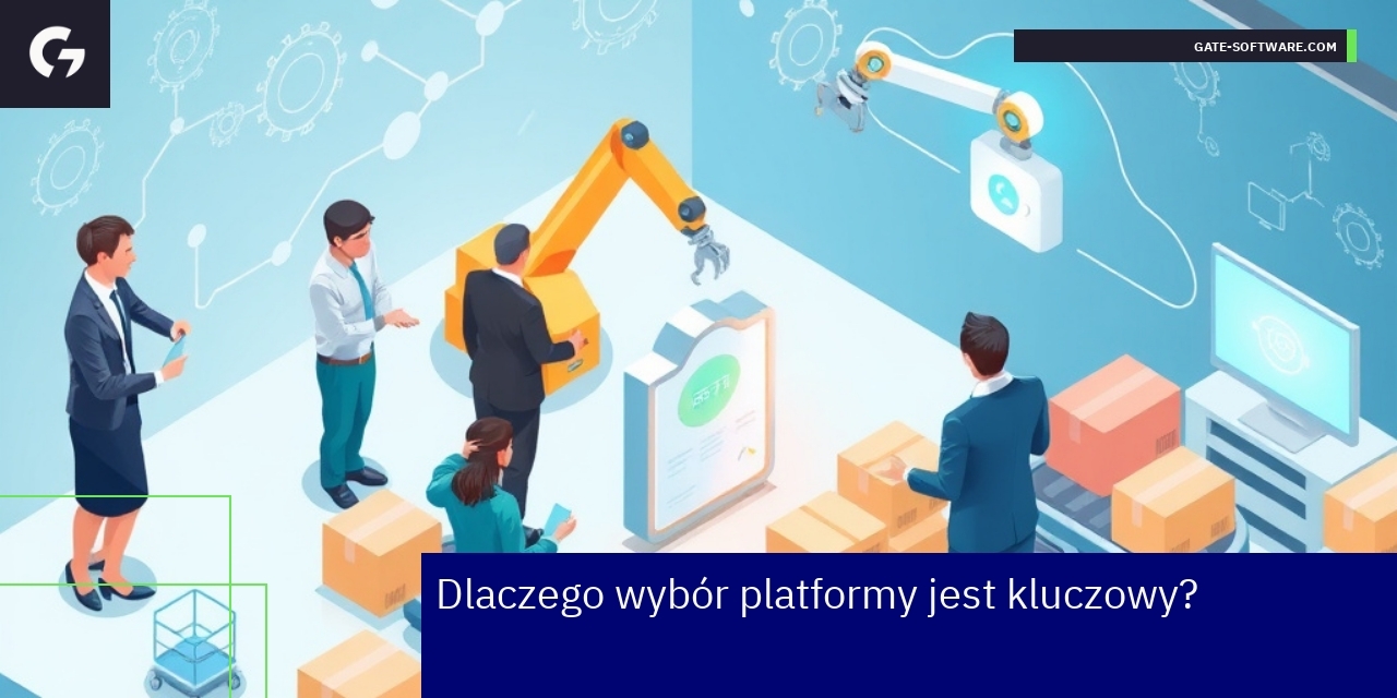 Kluczowe elementy wyboru platformy e-commerce B2B Schemat platformy B2B z ikonami bezpieczeństwa i wsparcia