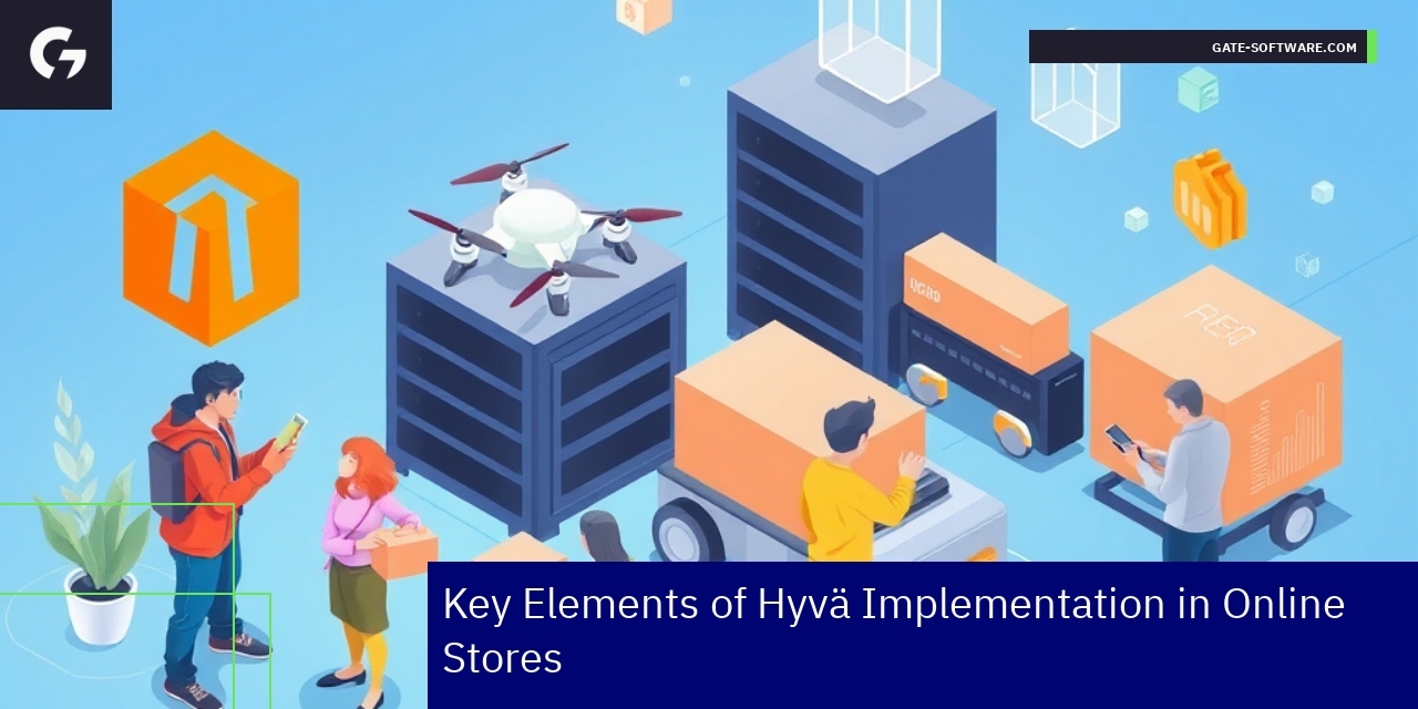 Key Elements of Hyvä Implementation in Online Stores Diagram showing performance, loading, modularity and UI components