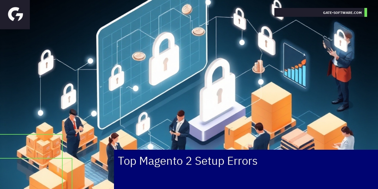 Common Magento 2 Setup Errors in B2B Magento 2 setup errors infographic with security and logistics