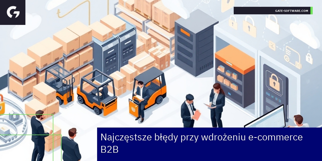 Najczęstsze błędy wdrożenia e-commerce B2B Grafika pokazująca wyzwania i błędy e-commerce B2B