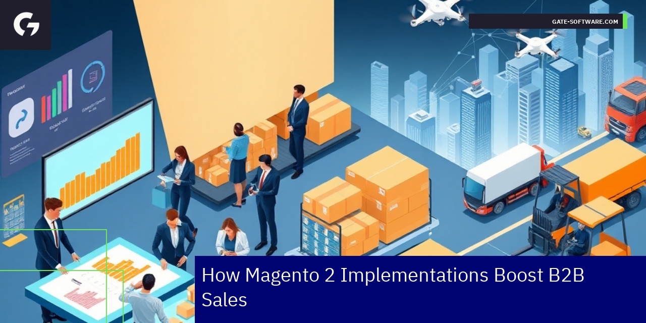 Magento 2 Enhances B2B Sales Performance Business team analyzing B2B sales data graph