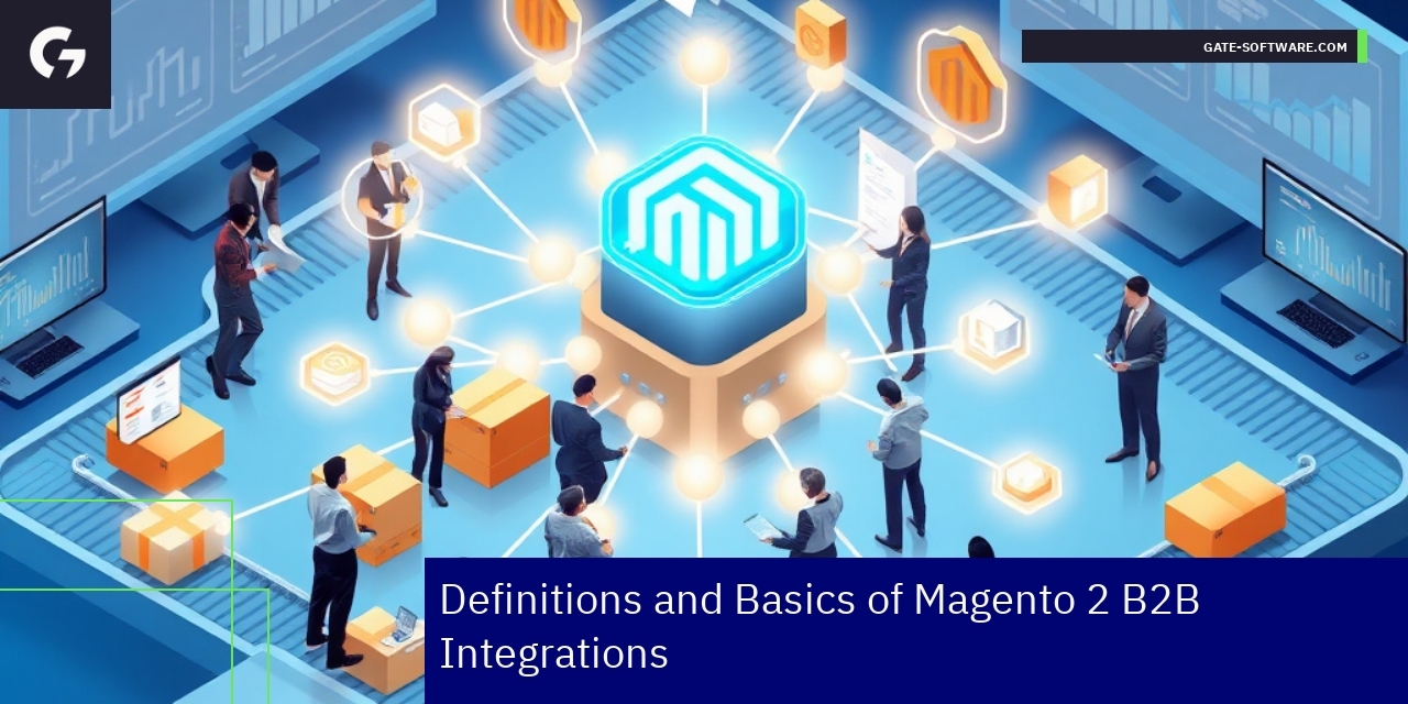 Magento 2 B2B Integration Basics and Features Diagram showing Magento 2 B2B integration with ERP