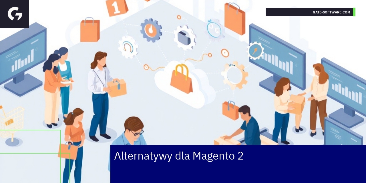 Ilustracja laptopa z wykresami i ikonami platform e-commerce
