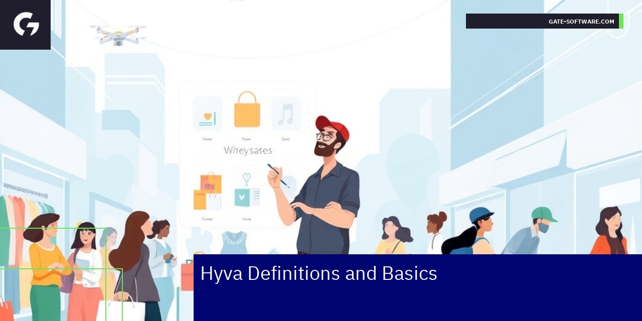 Hyva Frontend Solution for Magento 2 Modern Magento 2 frontend with Hyva logo and coding elements