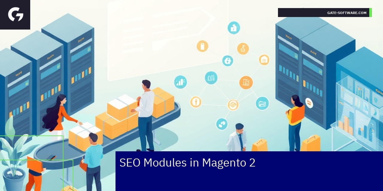 SEO Modules Enhancing Magento 2 Performance Diagram showing Magento 2 SEO modules and features
