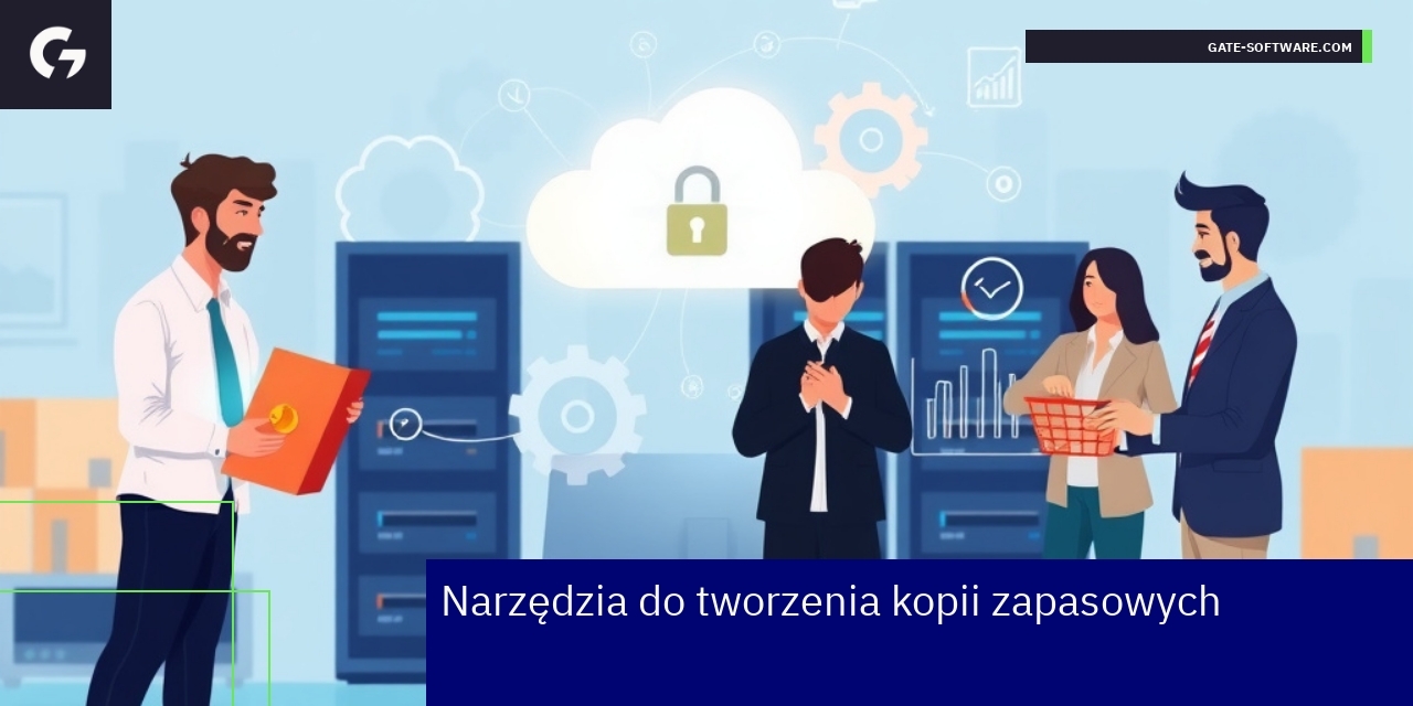 Ikony narzędzi backupowych i symbol bezpieczeństwa danych