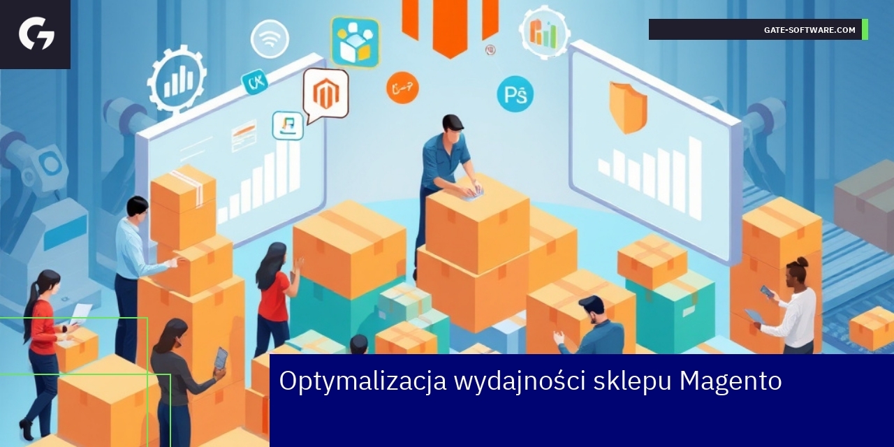 Ekran sklepu Magento z wykresami i ikonami bezpieczeństwa