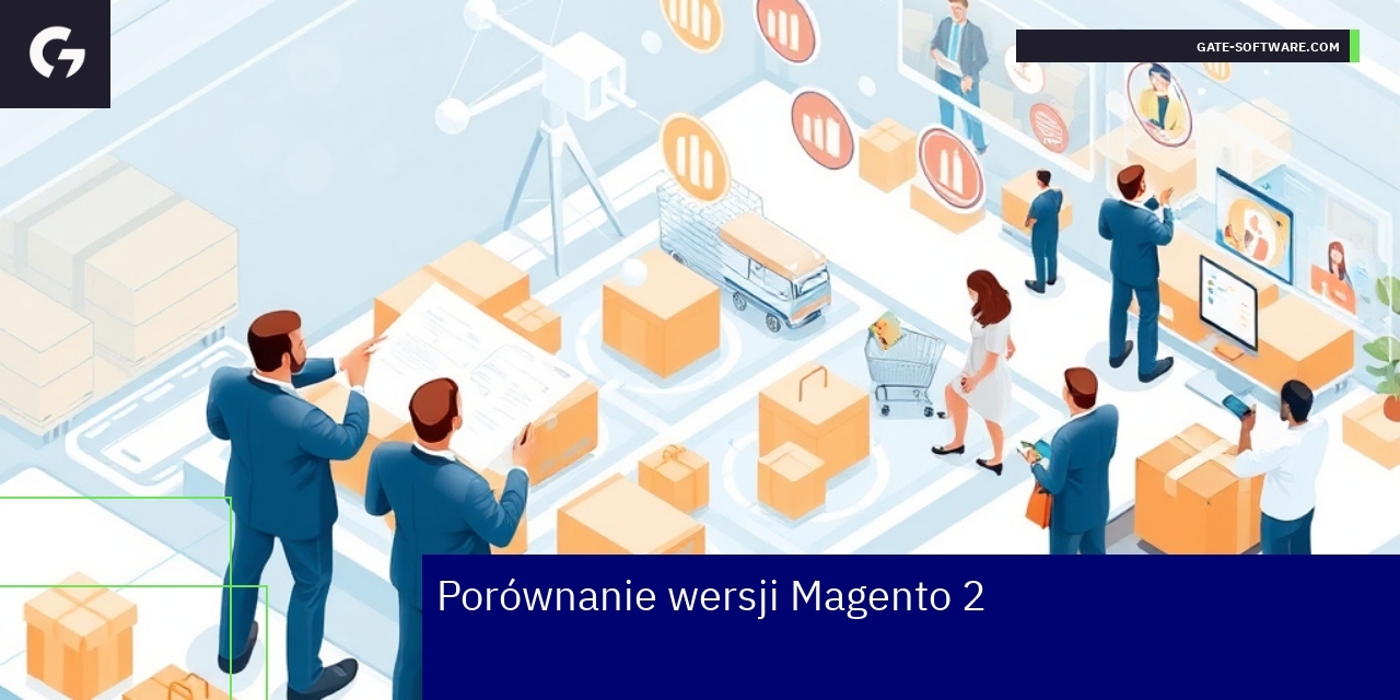 Schemat różnic wersji Magento 2 z ikonami technologicznymi