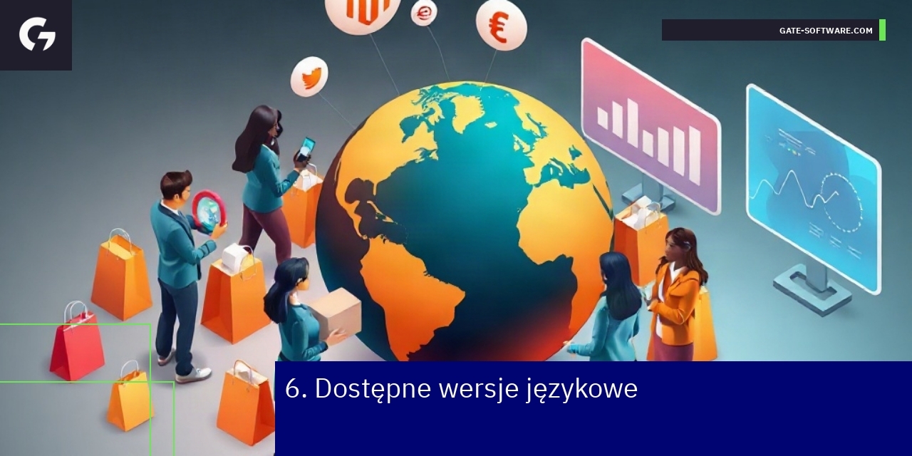 Interfejs Magento 2 z opcjami językowymi i sklepowymi
