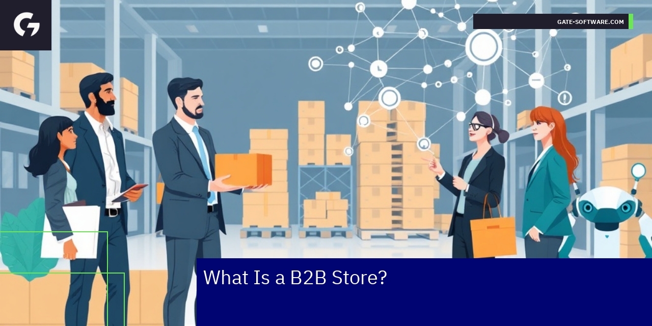 Key Features and Workflow of B2B Stores Diagram showing B2B store features and business interactions