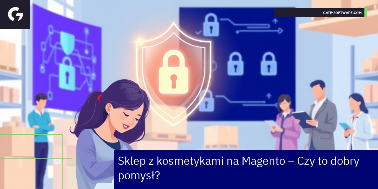 Bezpieczny sklep z kosmetykami na Magento Ekran sklepu online z kosmetykami i symbolem bezpieczeństwa