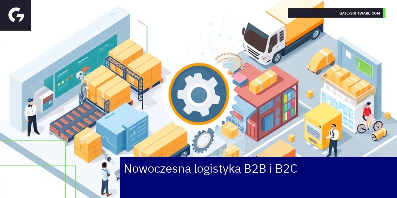 Schemat logistyki B2B i B2C z ikonami e-commerce