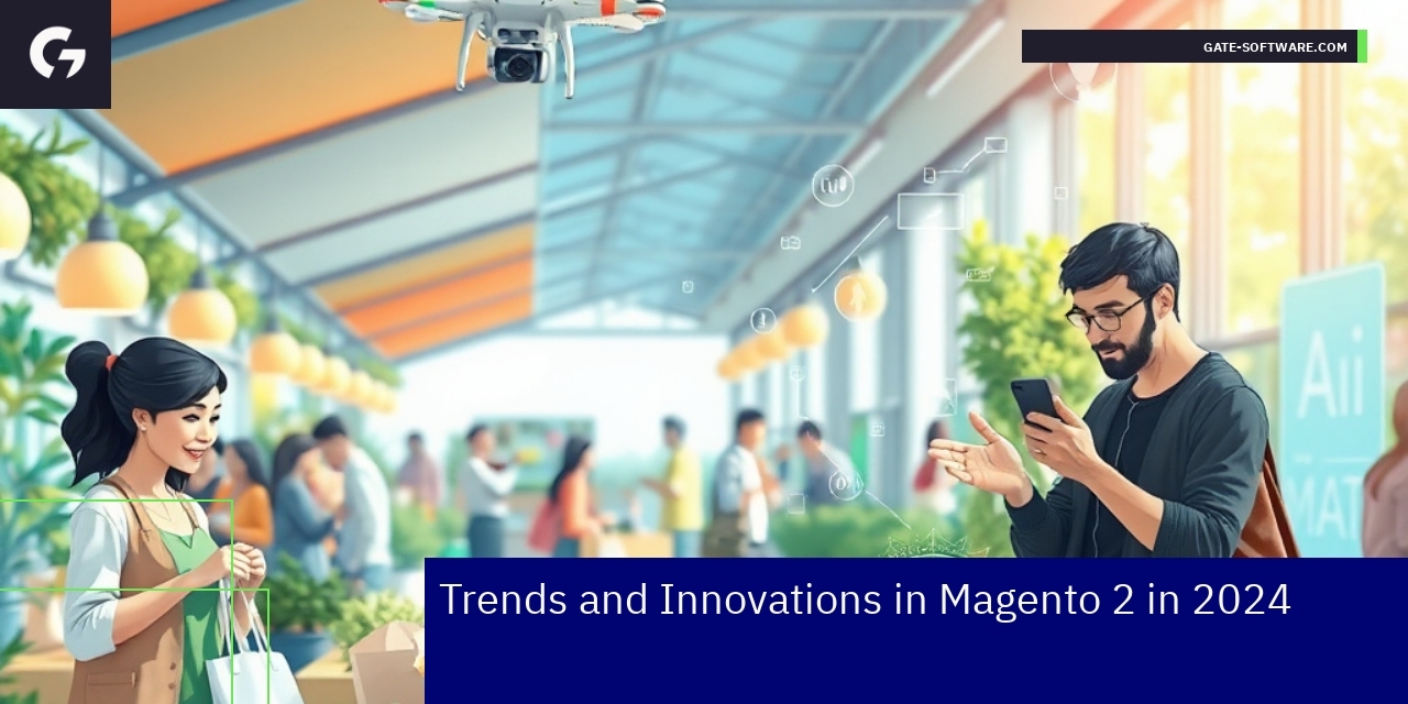 Illustration of Magento 2 e-commerce trends with AI and sustainability