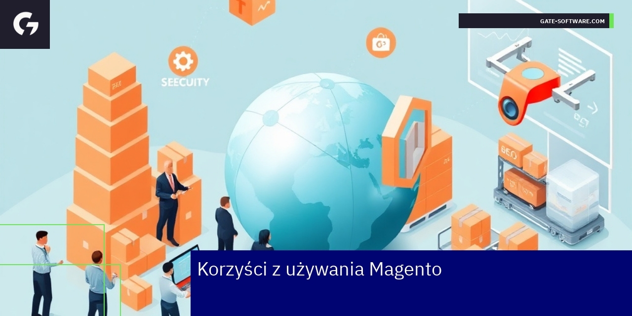 Korzyści z platformy Magento dla e-commerce Ikony symbolizujące elastyczność, skalowalność i bezpieczeństwo