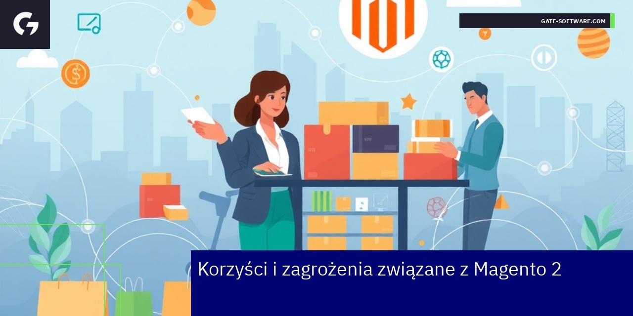 Korzyści i wyzwania platformy Magento 2 Schemat przedstawiający korzyści i zagrożenia Magento 2