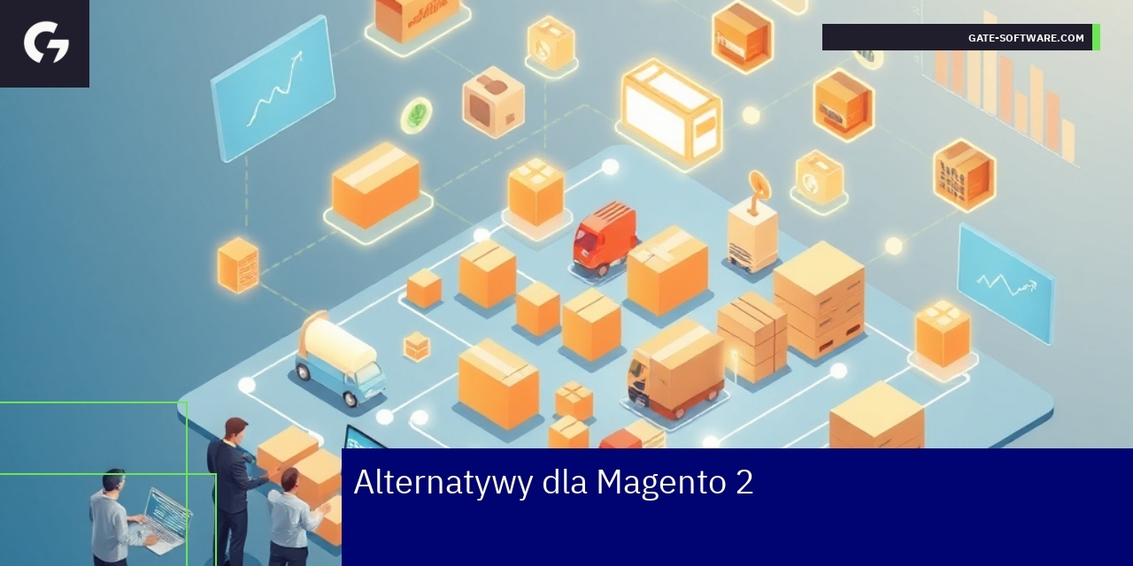 Alternatywy dla Magento 2 w e-commerce B2B Logotypy platform e-commerce i schemat sieciowy