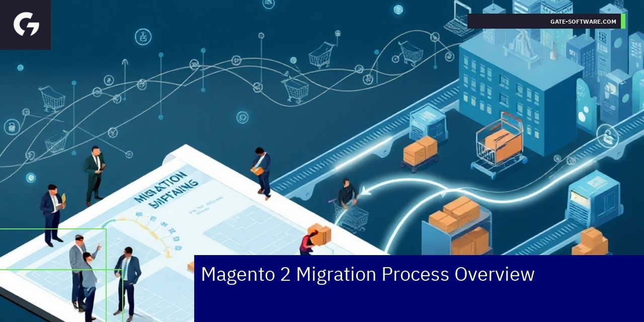 Diagram showing Magento 2 migration steps and challenges