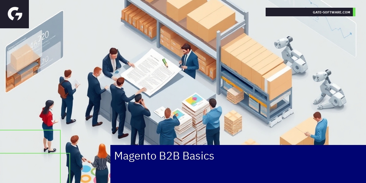 Magento B2B Platform Overview and Benefits Diagram showing Magento B2B features and user roles