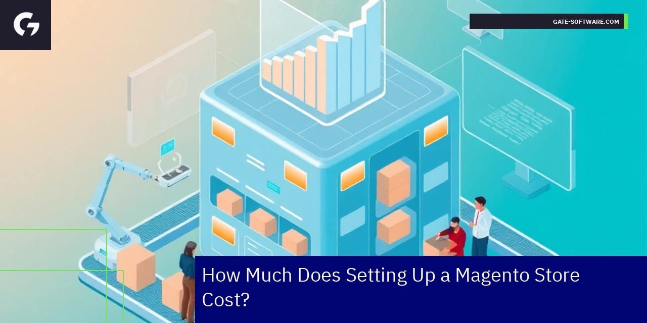 Illustration of Magento store with integration and cost icons