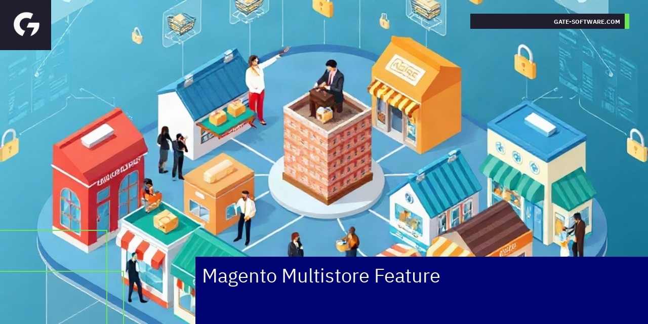 Magento Multistore Benefits and Features Diagram showing multiple online stores management