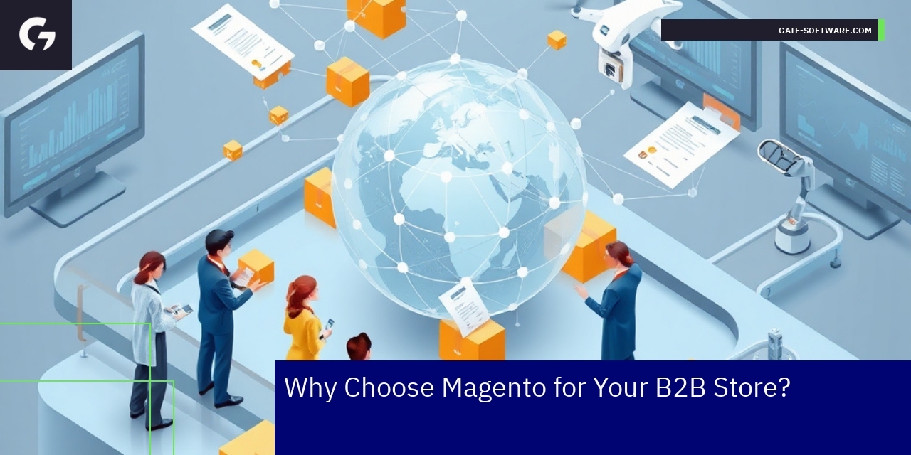 Key Benefits of Magento for B2B Stores Business storefront with Magento features icons