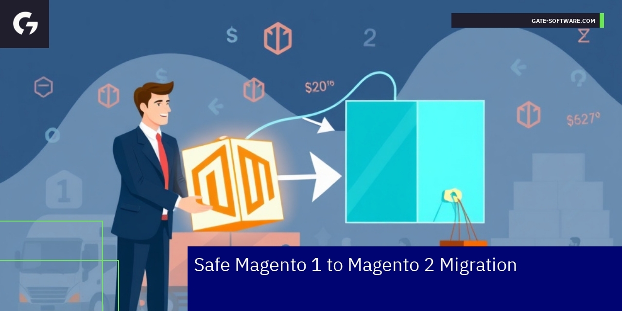 Magento 1 to Magento 2 Safe Migration Process Diagram showing Magento migration phases and benefits