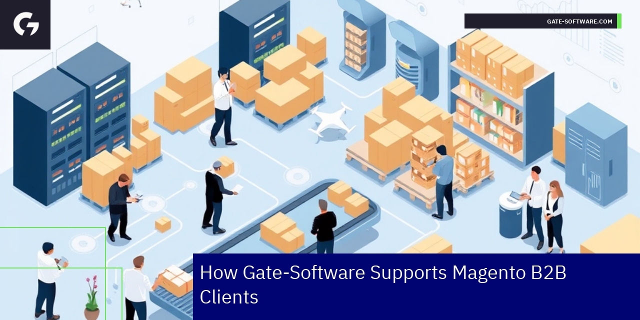 Gate-Software ERP Integration with Magento B2B Flowchart showing Magento and ERP system integration