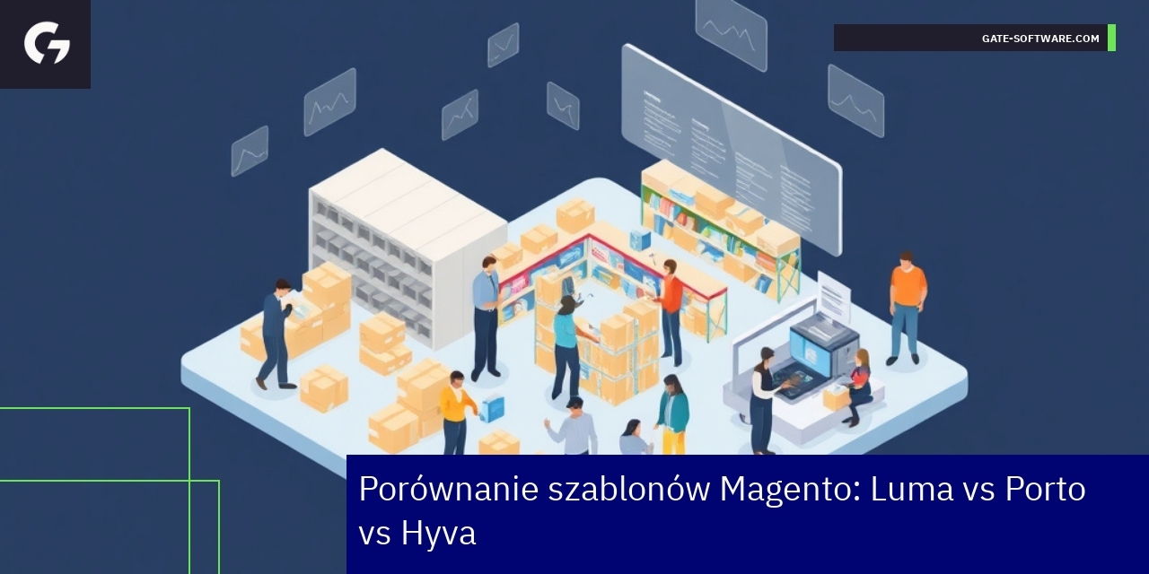 Logotypy Magento Luma Porto Hyva na tle porównania