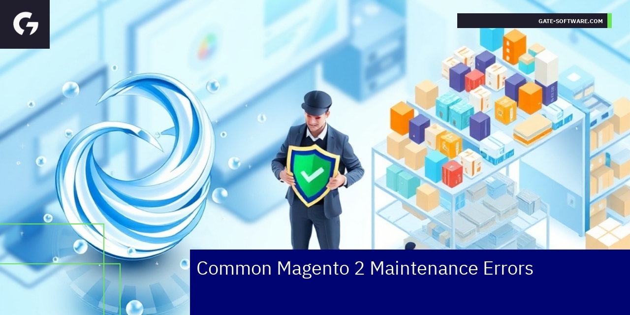 Graphic showing Magento 2 maintenance errors and tips