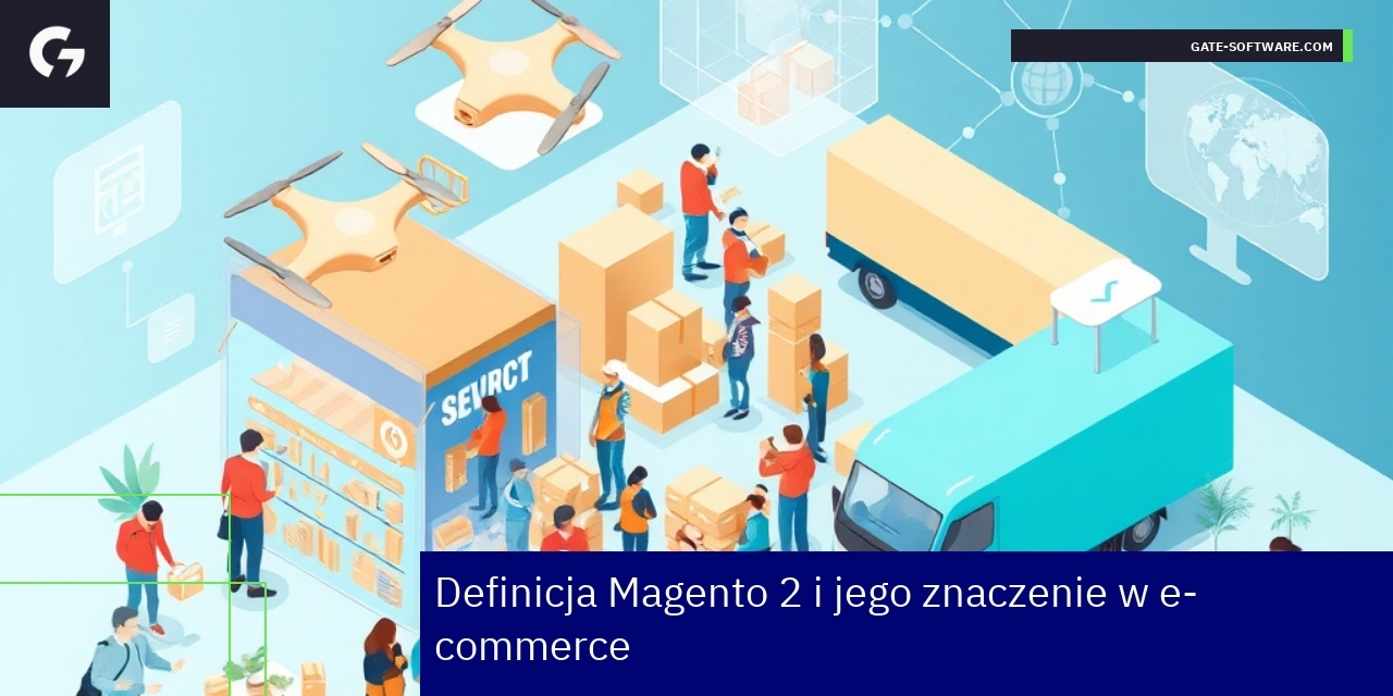 Magento 2 i jego rola w e-commerce Logo Magento 2 na tle ikon e-commerce