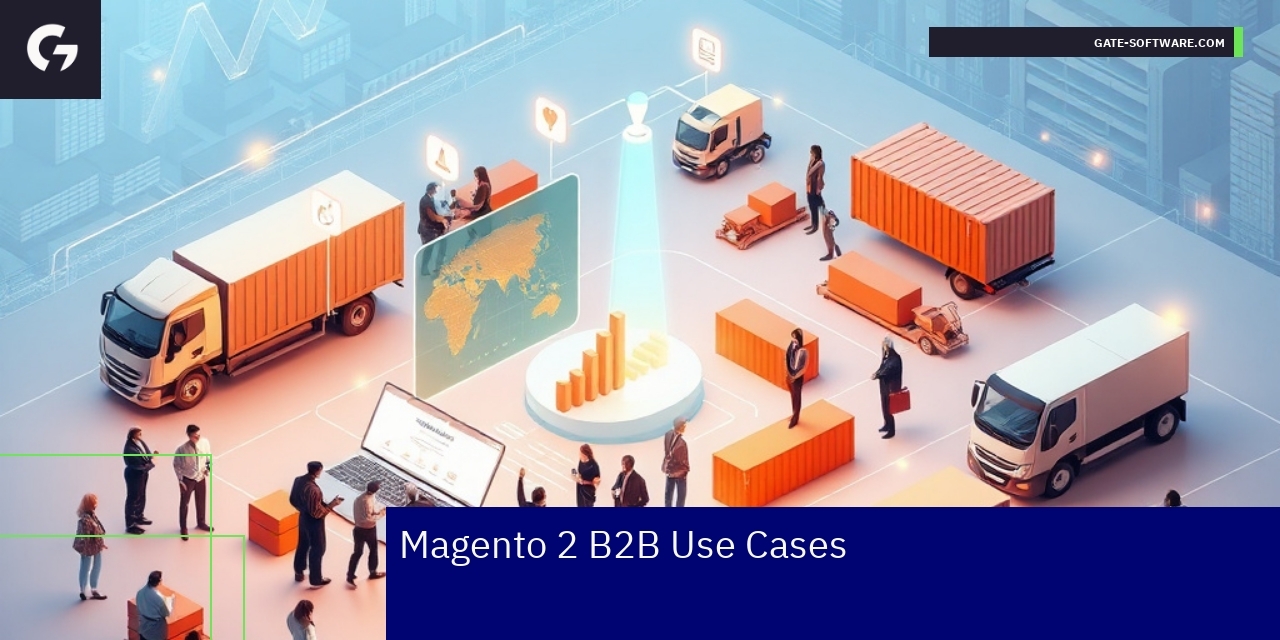 Magento 2 B2B Use Cases and Benefits Diagram showing Magento 2 B2B features and business benefits