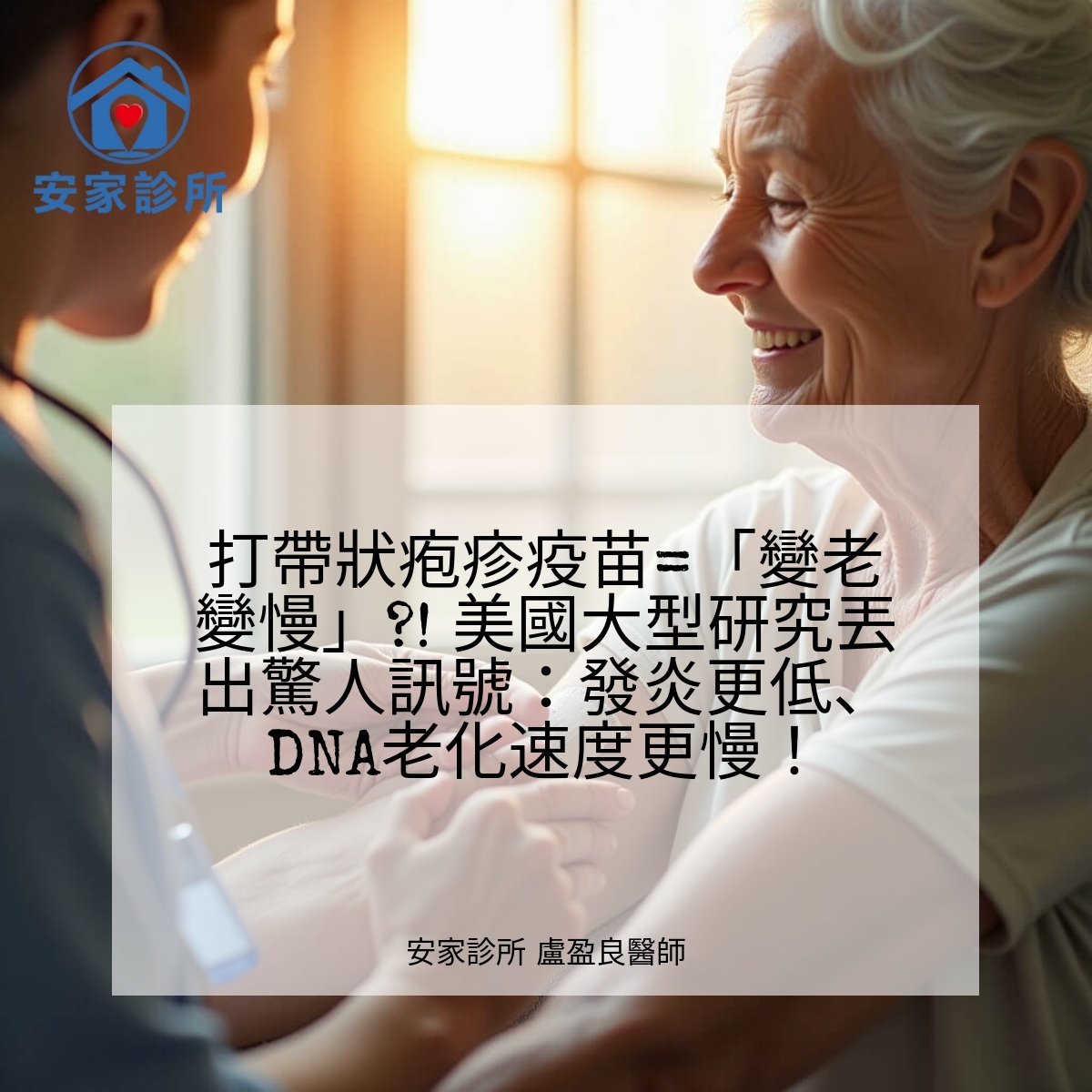 帶狀疱疹疫苗與生物老化研究示意圖（發炎、表觀遺傳標記比較）